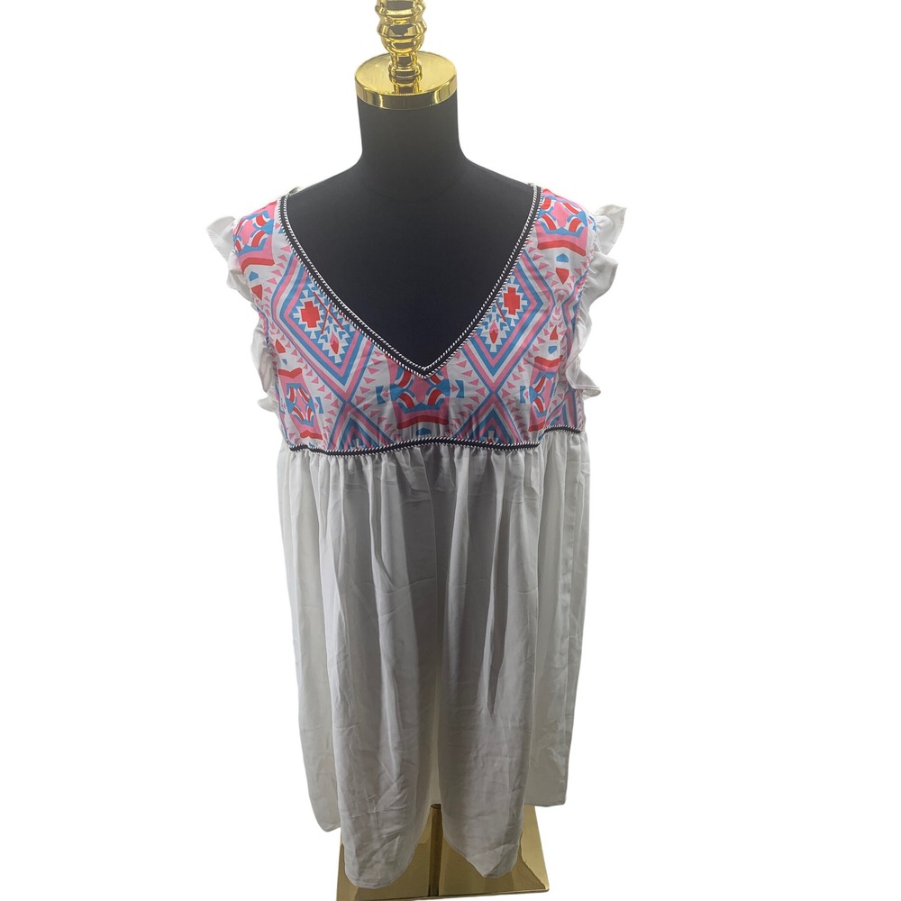 Womens Tribal Print Babydoll Dress White Pink Blue Geometric Ruffle Sleeve L